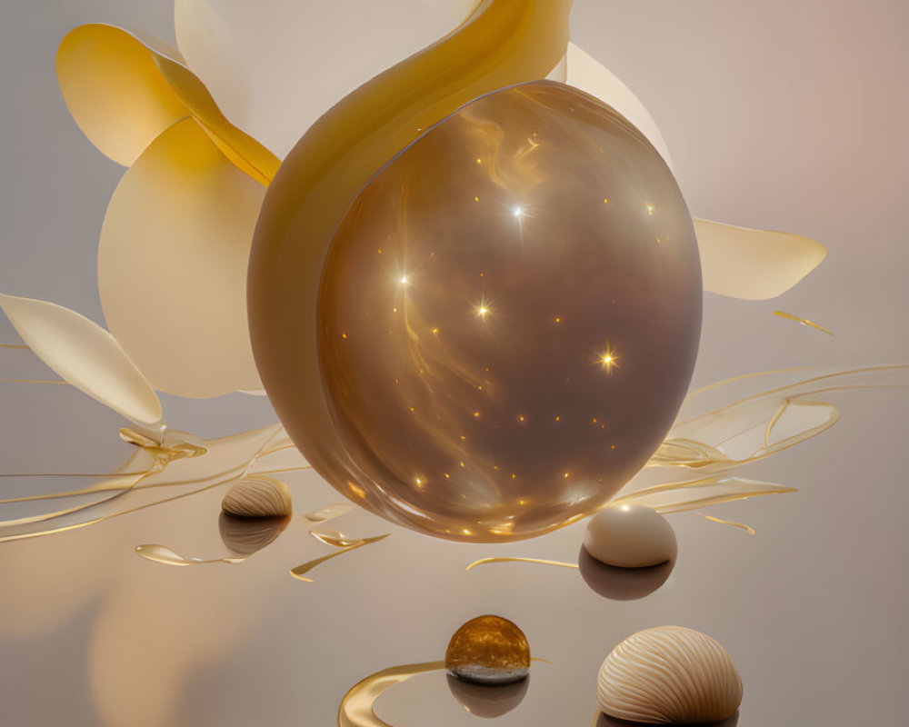 Shiny sphere with sparkles and golden abstract shapes on warm reflective surface