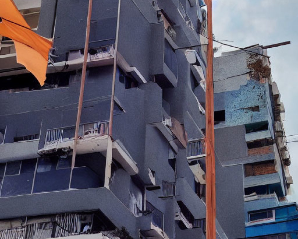 Multi-story Building with External Staircases Next to Construction Site