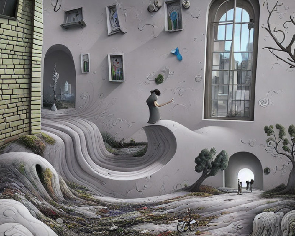 Surreal room with distorted walls, seated figure, whimsical trees, bicycle, and two people