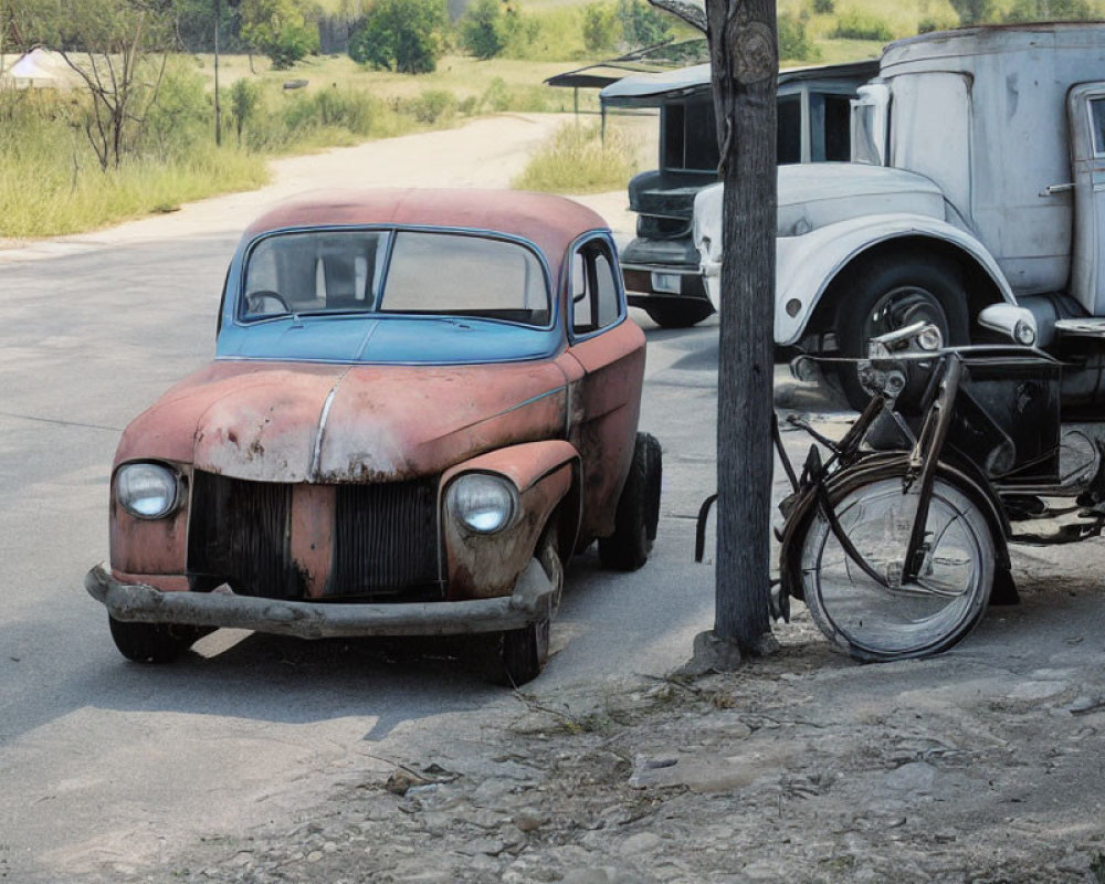 Vintage red and white cars with bicycle in nature scene