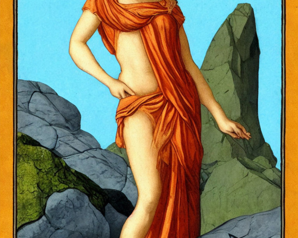 Classical female figure in orange robe against serene backdrop