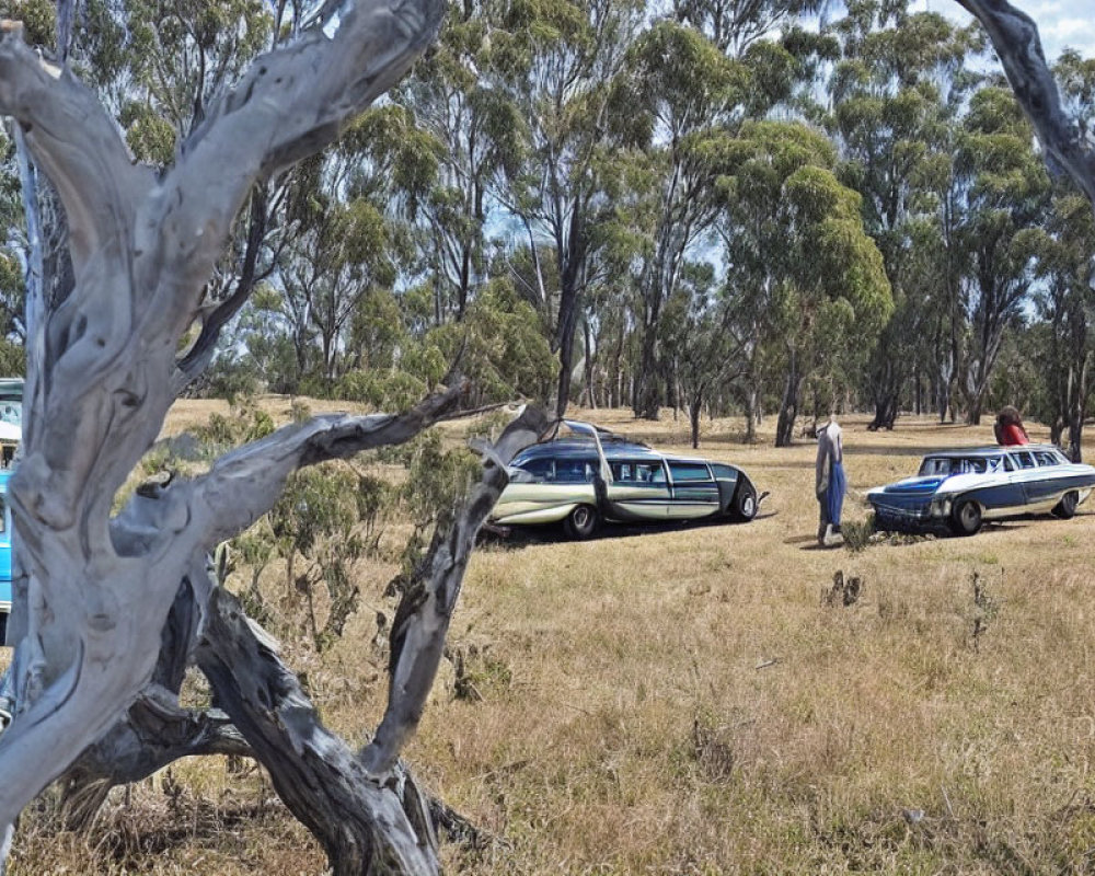 Classic Cars Parked in Sunlit Field with People and Trees