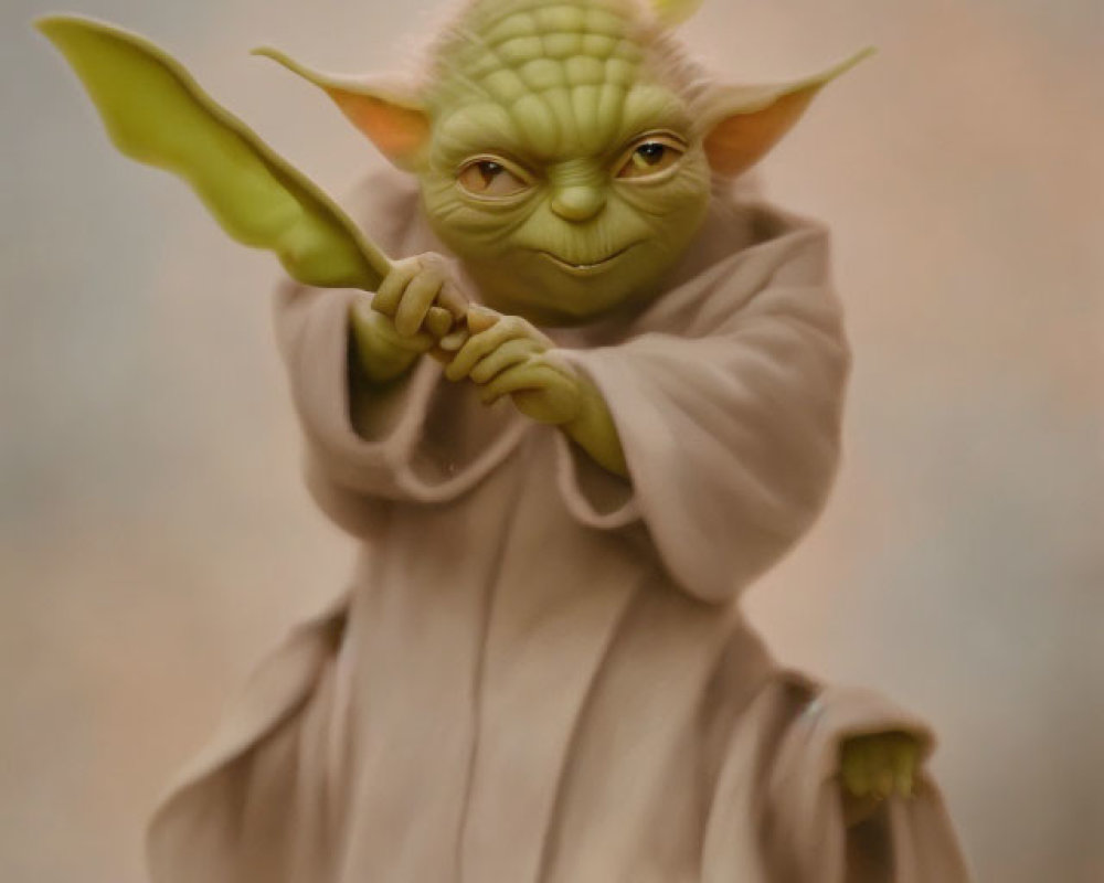 Green-eared Yoda digital illustration with wise eyes, cane, and beige robe