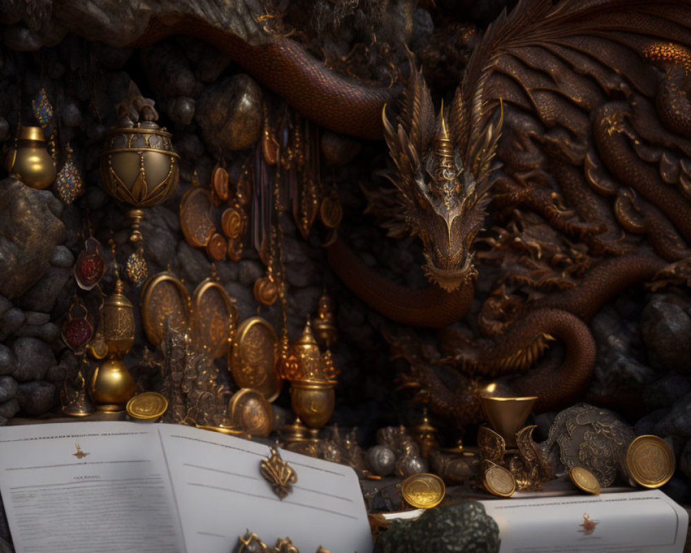 Golden dragon with treasures and open book in dark cavern
