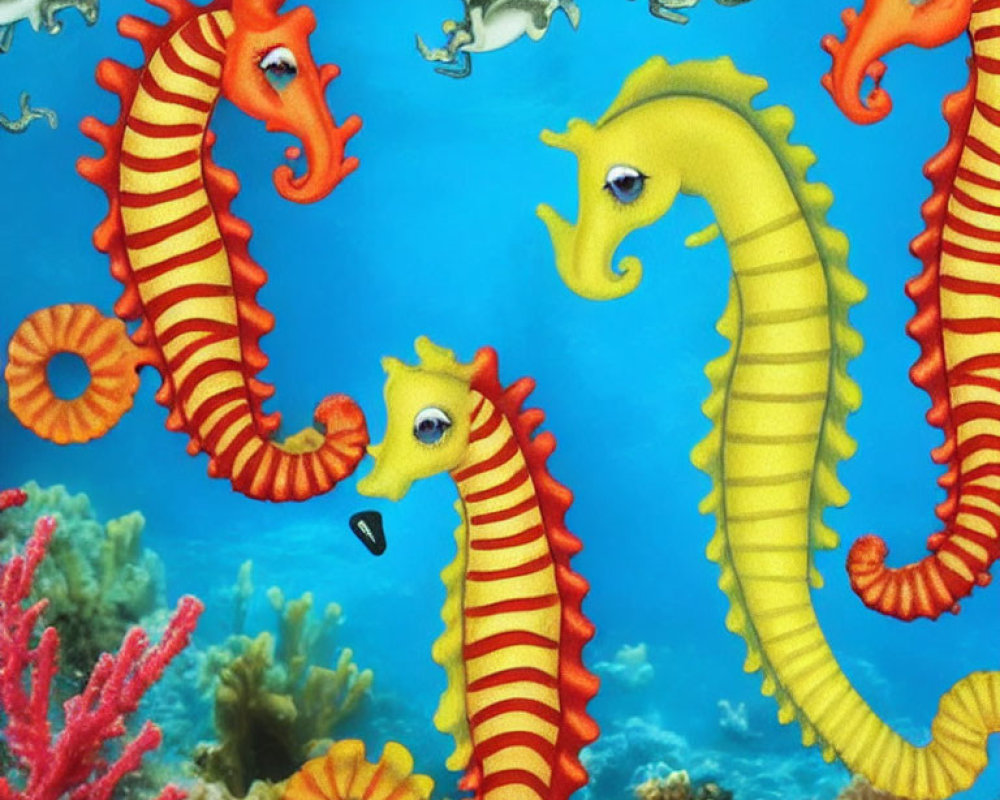 Vibrant illustrated seahorses on coral reefs in blue underwater scene