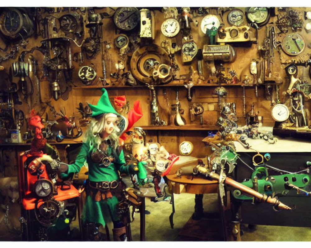 Steampunk-themed room with clocks, gears, and eccentric decor.