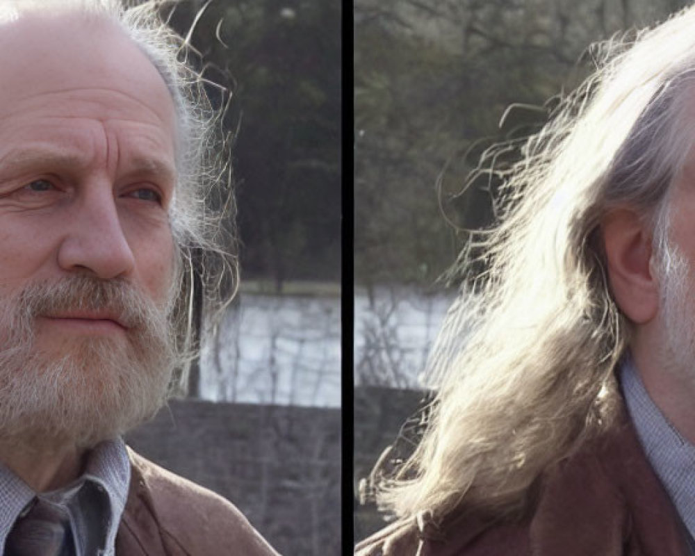 Elderly man with long gray hair and beard in brown jacket portrait outdoors