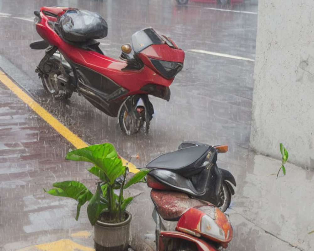 Two Motorbikes Parked on Wet Street in Rainy Scene