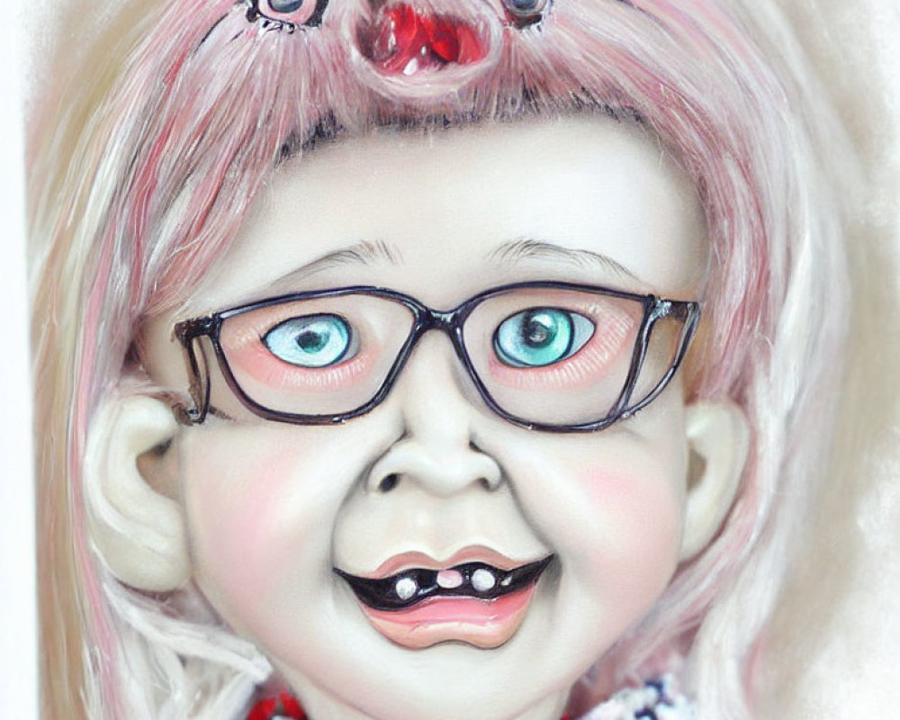 Child's face painting with rosy cheeks, blue eyes, glasses, and pink hair