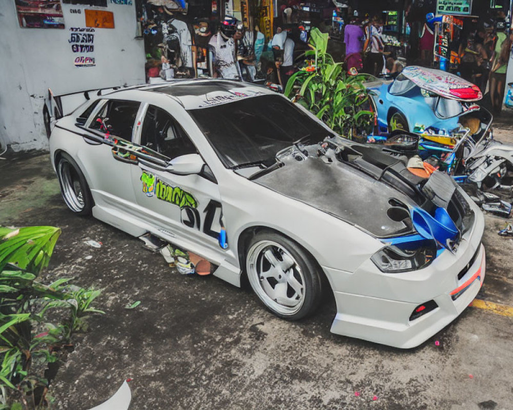 Custom white car with body kit and spoiler parked on urban street.