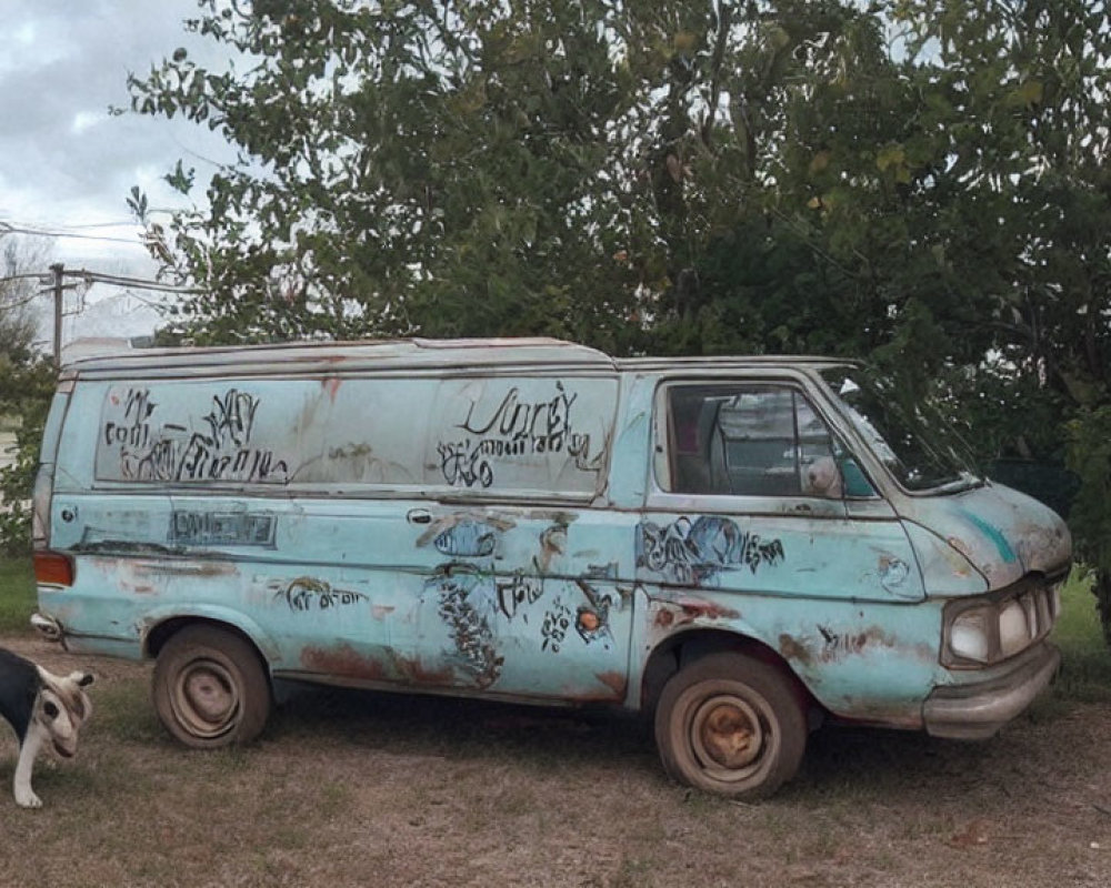 Rusty blue van with graffiti, dog, and trees by road