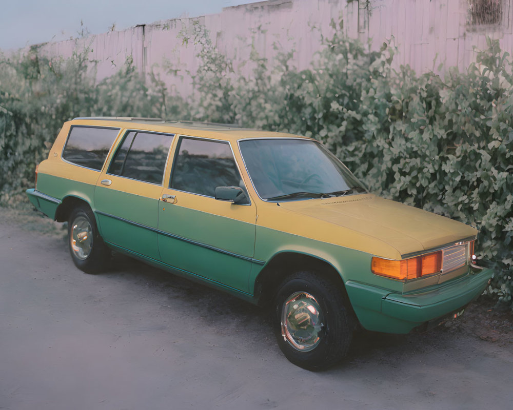 Classic Green Station Wagon Parked Near Overgrown Fence at Twilight