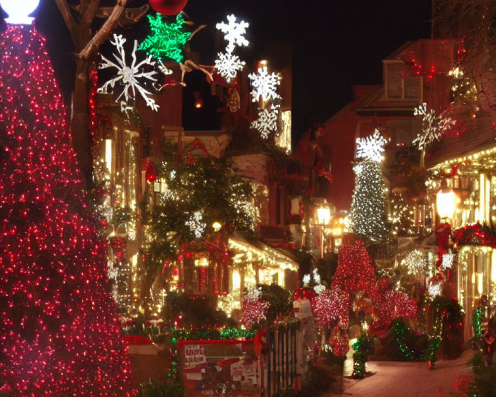 Christmas-themed street scene with red lights and snowflake decorations