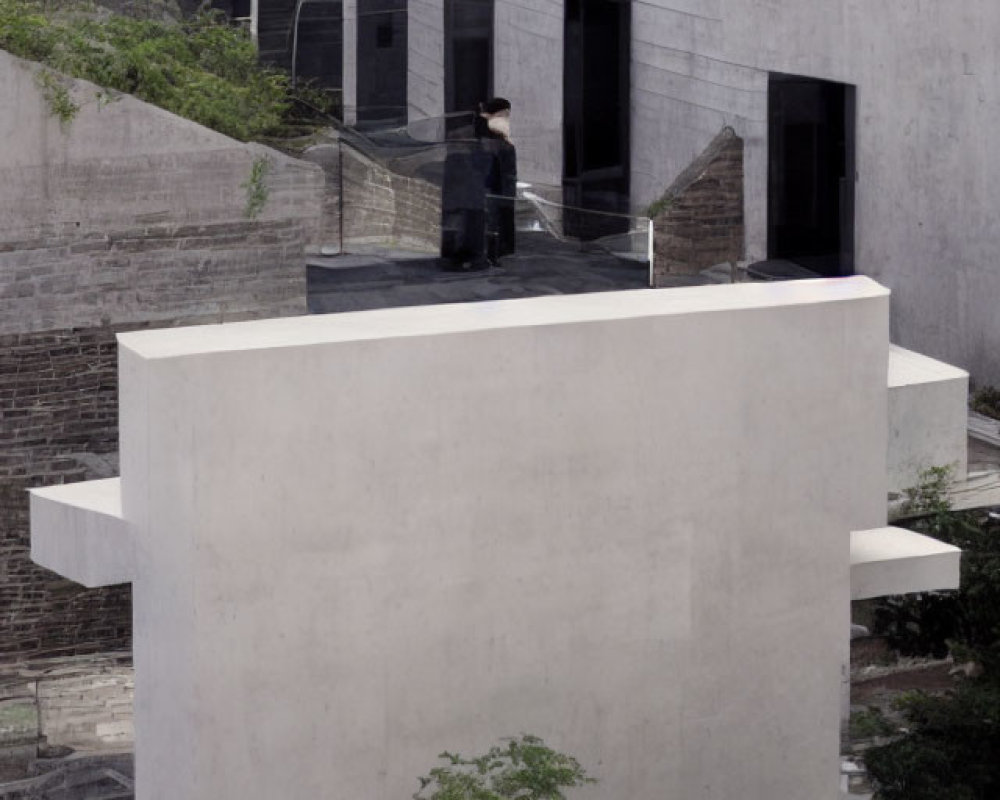 Contemporary geometric architecture with person on stairway and trees