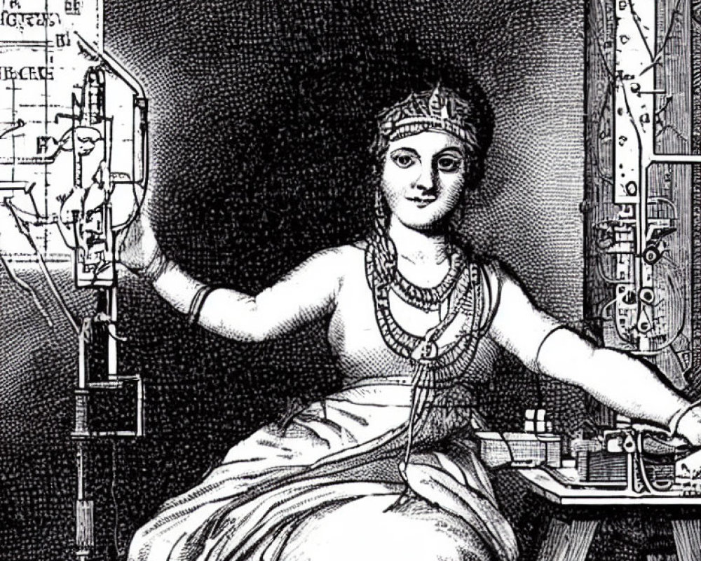 Engraved illustration of woman in historical dress with tiara, pointing at architectural diagram