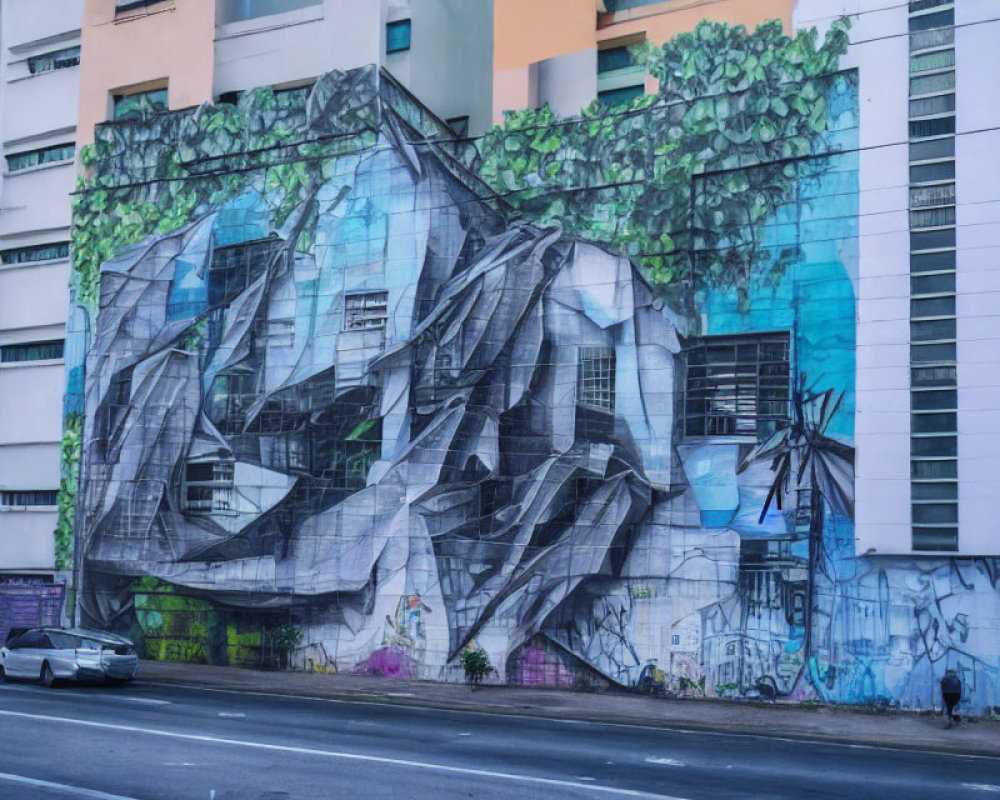 Monochrome graffiti mural on building with abstract shapes and plant elements