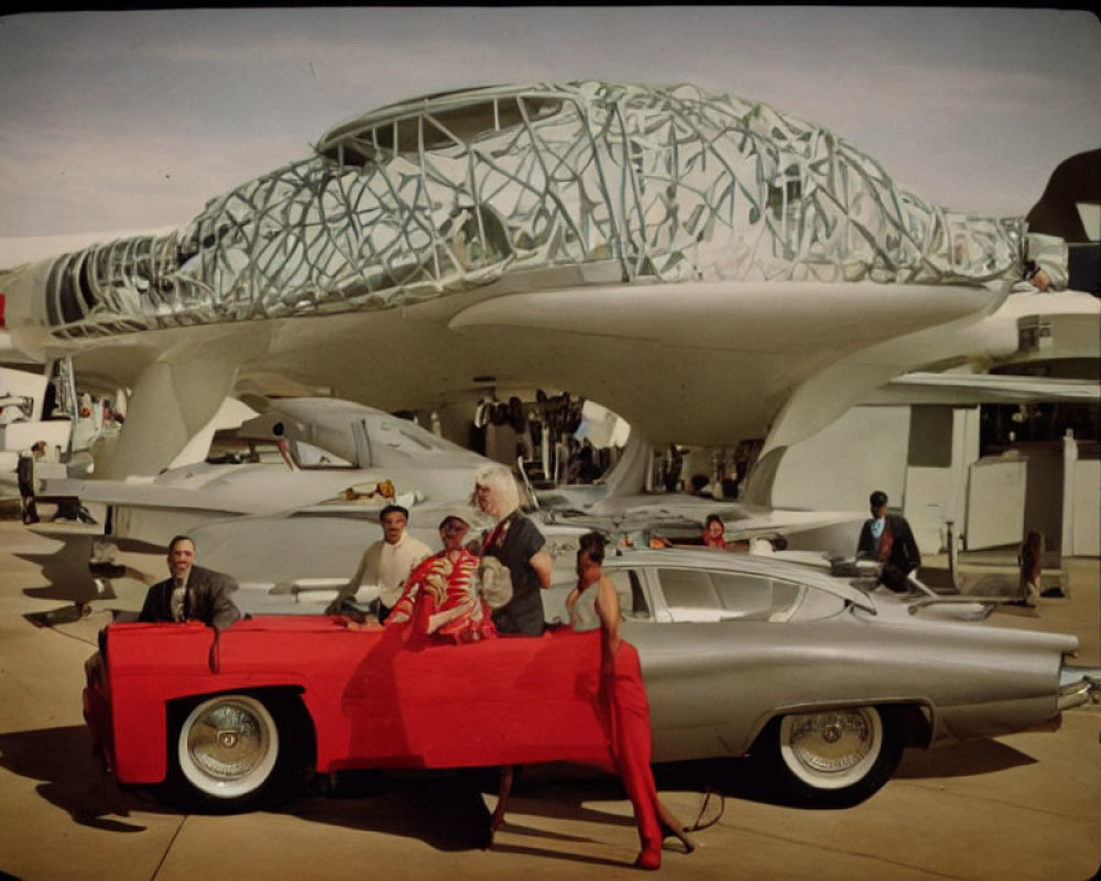 Vintage photo: People with futuristic car at retro-futuristic building