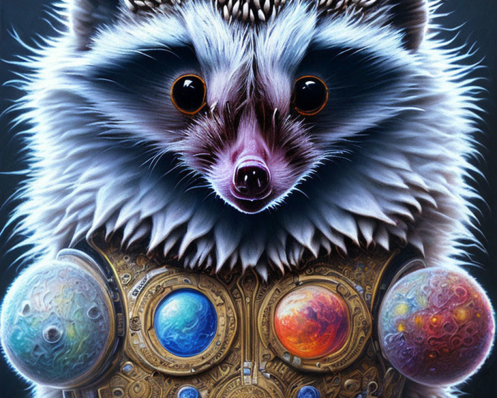 Detailed raccoon illustration with cosmic orbs and steampunk elements