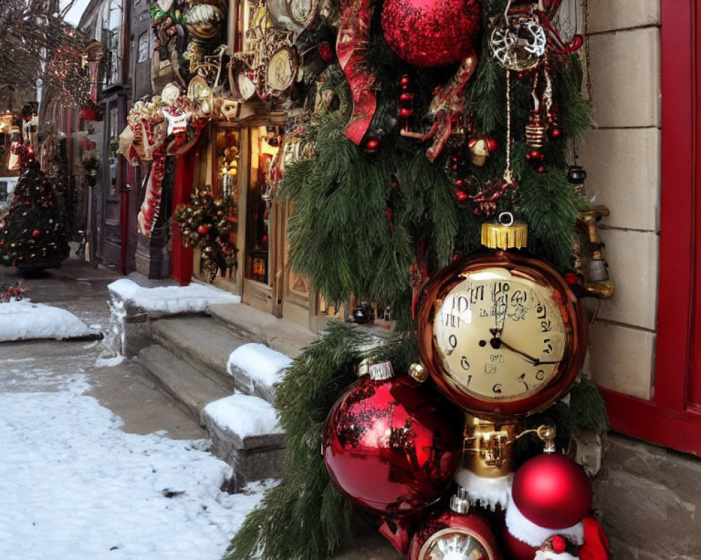 Festive storefront with red Christmas ornaments and Santa figurine