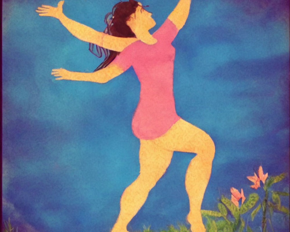 Illustration of joyful person with raised arms on rock against blue sky