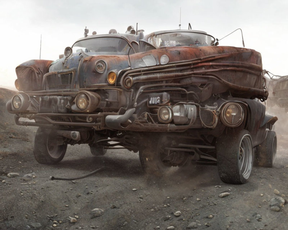 Rusty Modified Car with Exaggerated Features in Post-Apocalyptic Setting