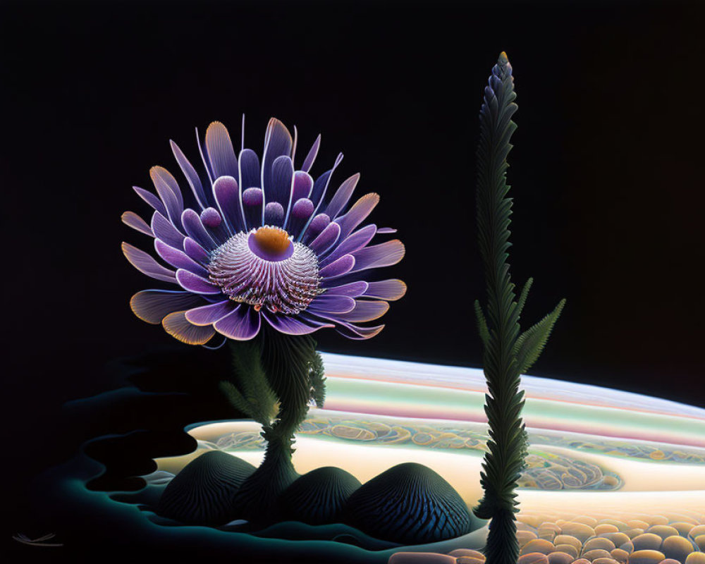 Digital painting of purple flower on dark background with stylized plant forms