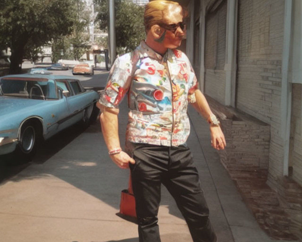 Person in Colorful Shirt Walking by Vintage Blue Car