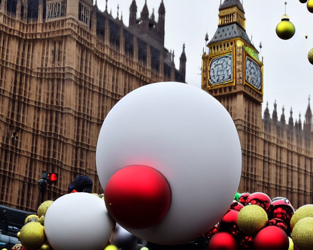 City street adorned with oversized Christmas ornaments, featuring iconic clock tower and cloudy sky.