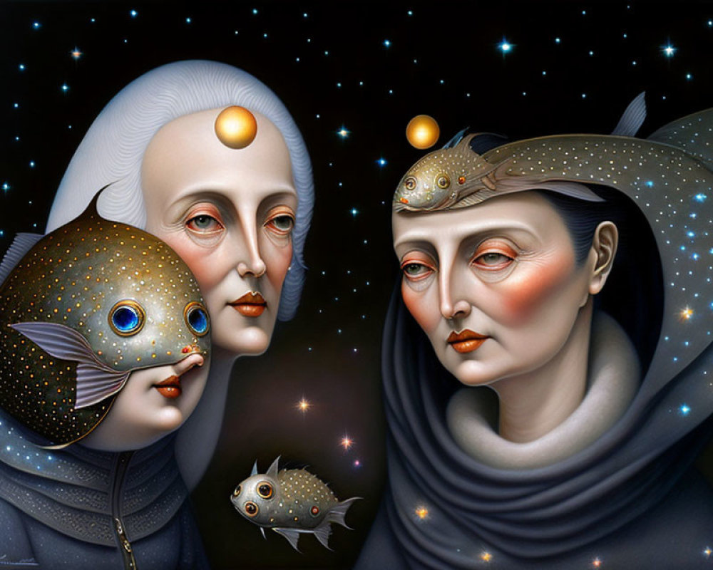 Surreal painting of three figures with fish-like faces in celestial setting