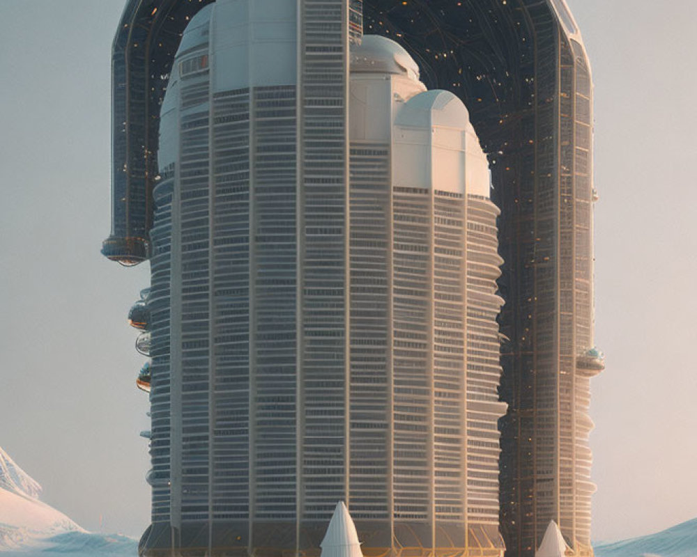 Cylindrical Skyscraper with Arching Dome Amid Snowy Mountains