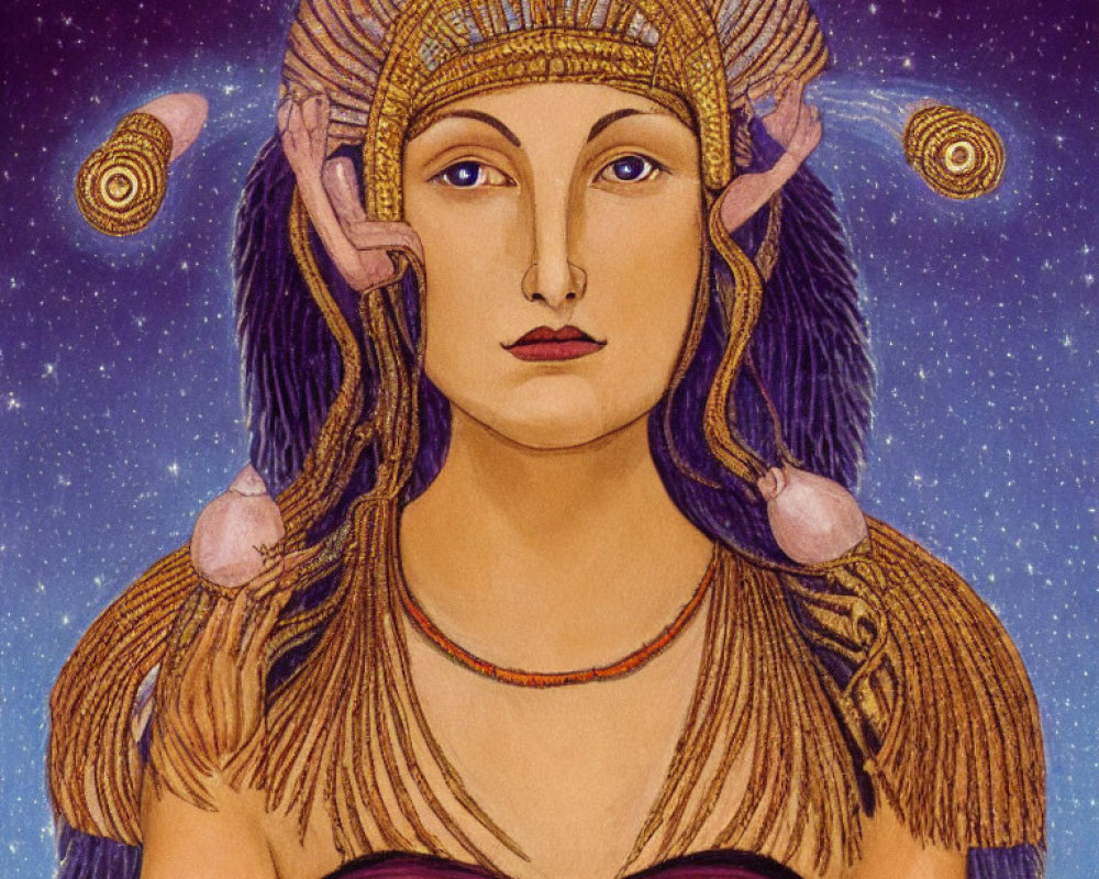 Regal Figure with Golden Headdress and Blue Hair in Mythological Setting