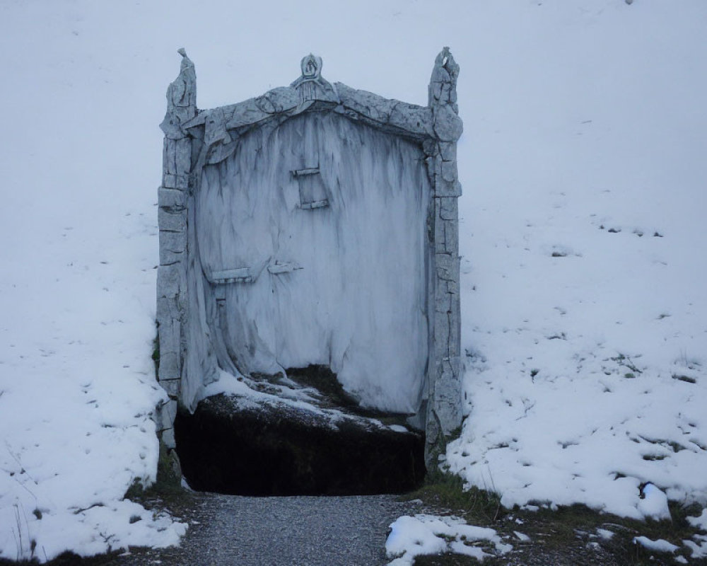 Snow-covered stony entrance with ornate details on snowy hillside