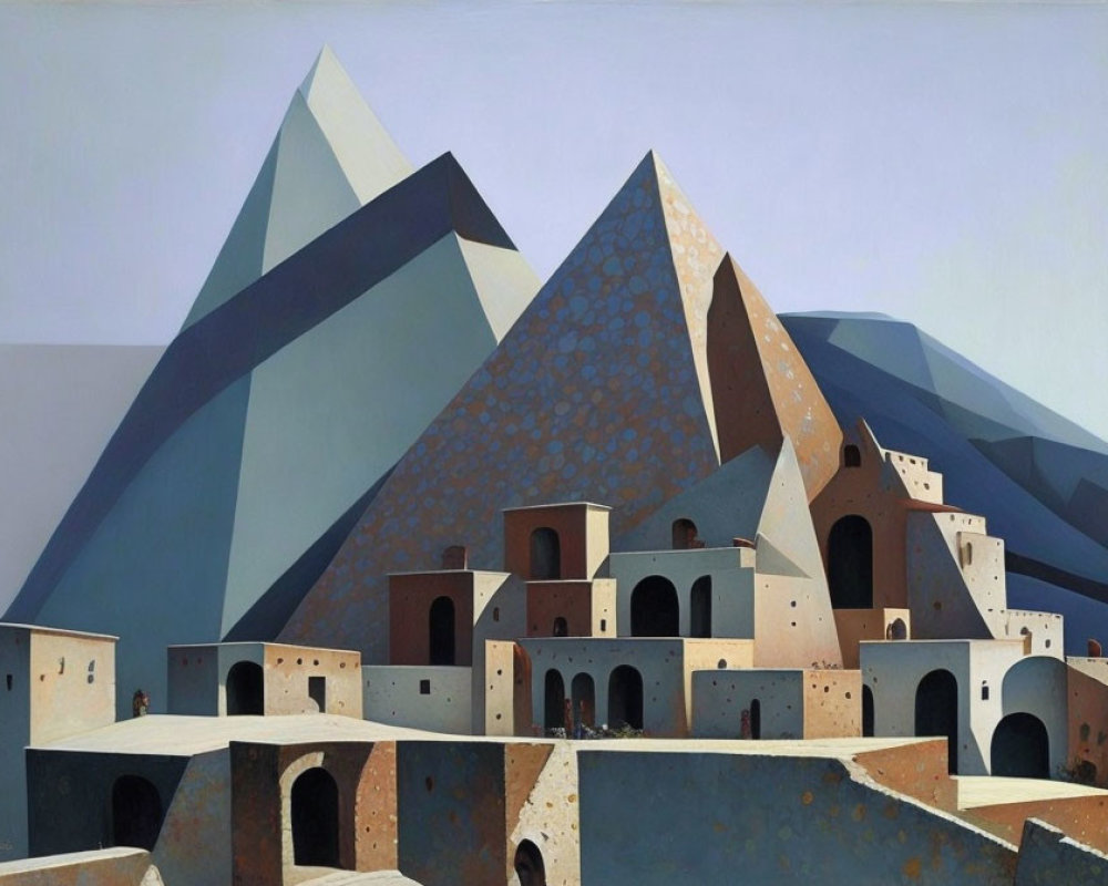 Cubic houses and pyramidal mountains in muted blue and brown tones