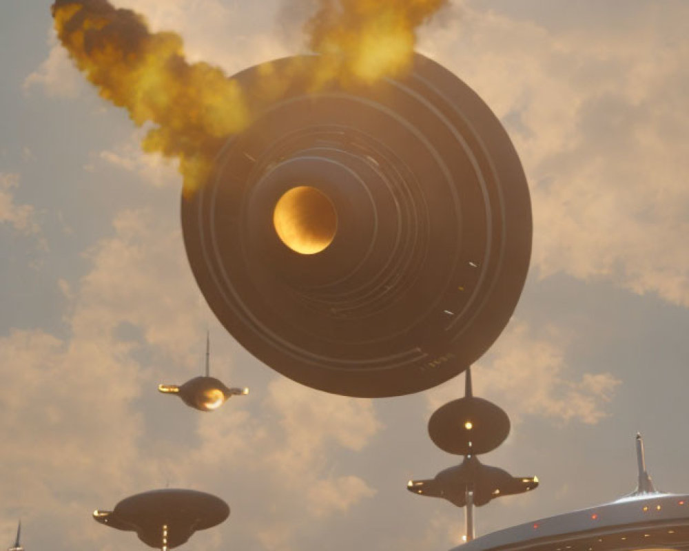 Multiple UFOs descending from cloudy sky, emitting yellow and black smoke.