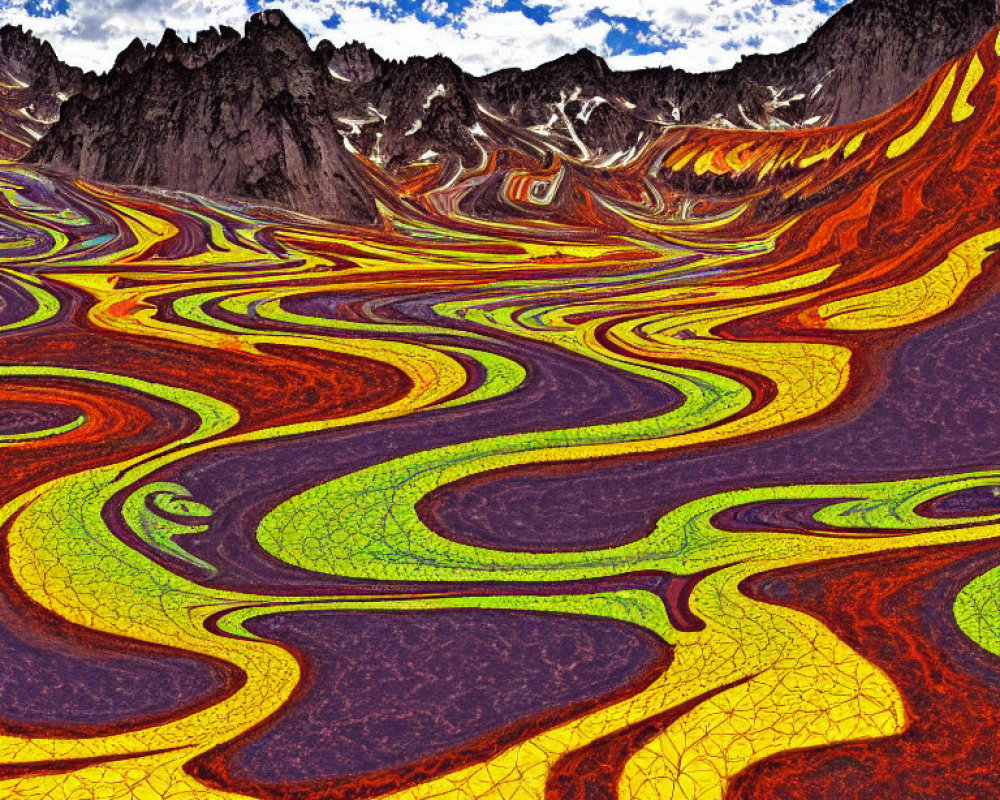 Digitally-altered landscape with swirling multicolored patterns and rugged mountains