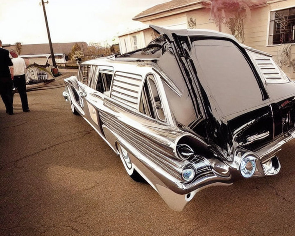 Vintage black hearse with chrome details parked, two people under hazy sky