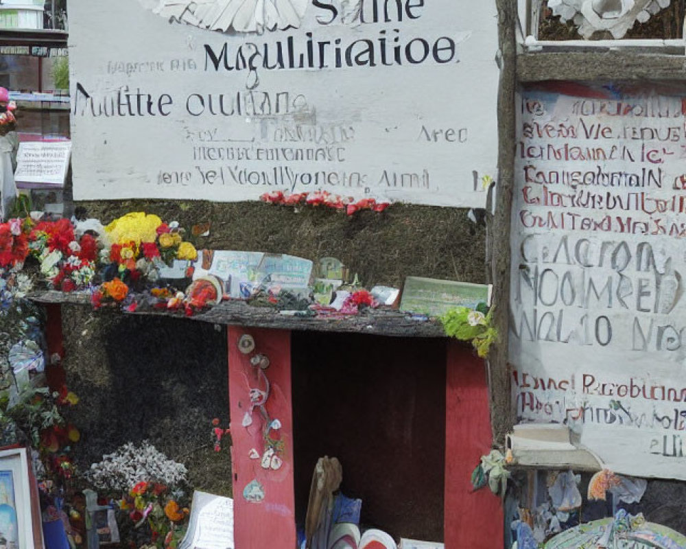 Makeshift Shrine with Multilingual Signs and Sun Symbols