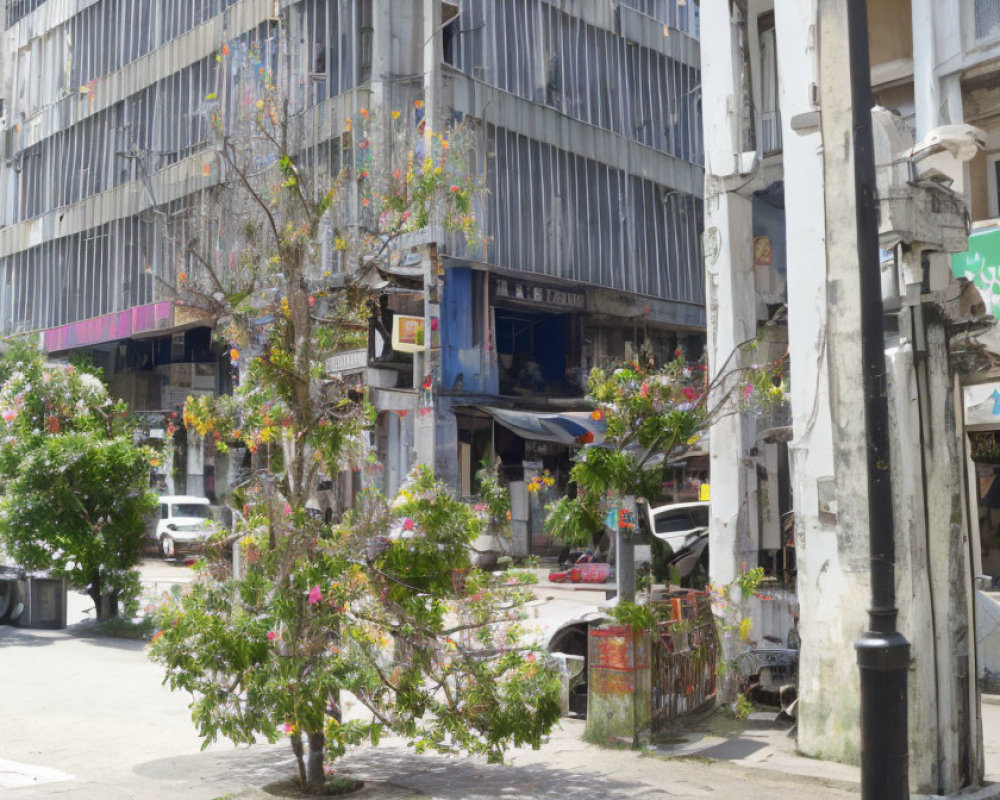 City street scene with flowering trees, graffiti, and bus columns.