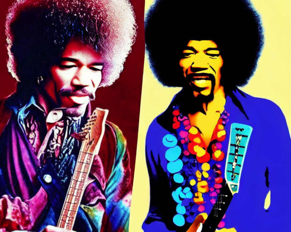 Split Image of Man with Afro Playing Guitar in Stylized Colors