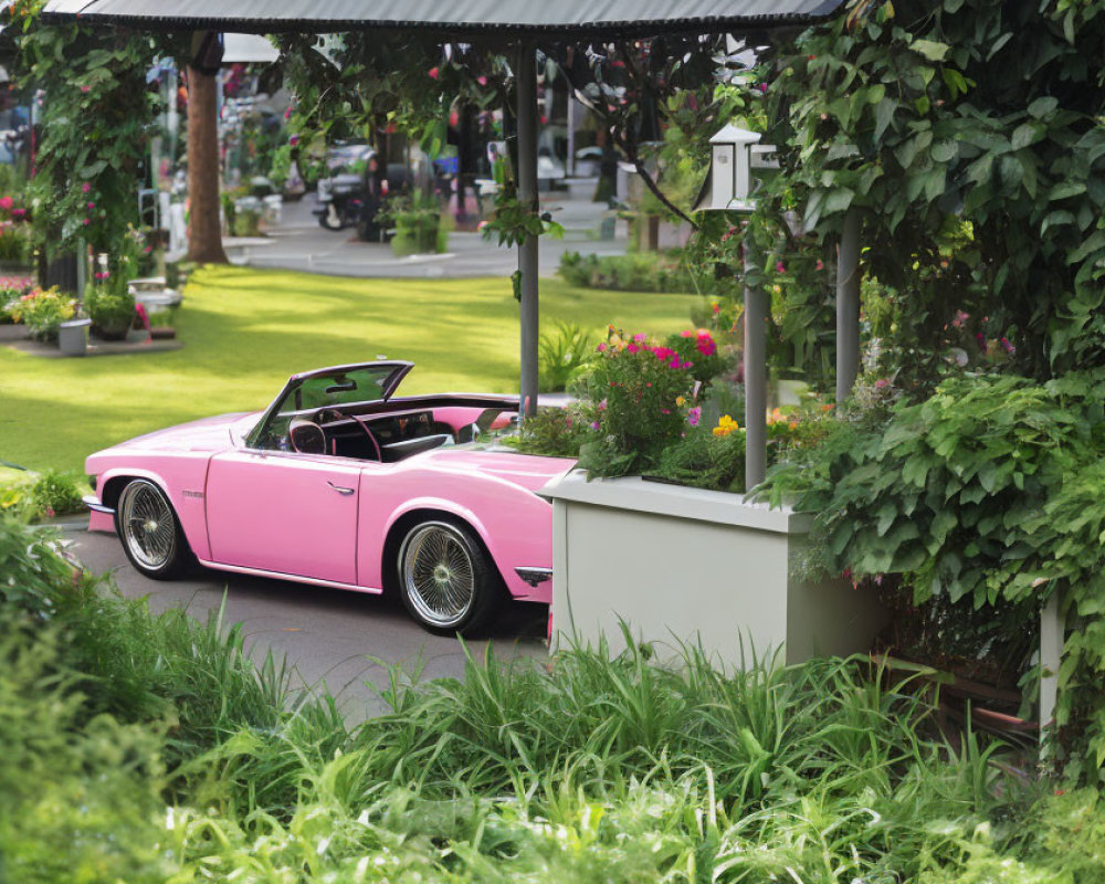 Pink vintage convertible car in lush garden with flowering plants.