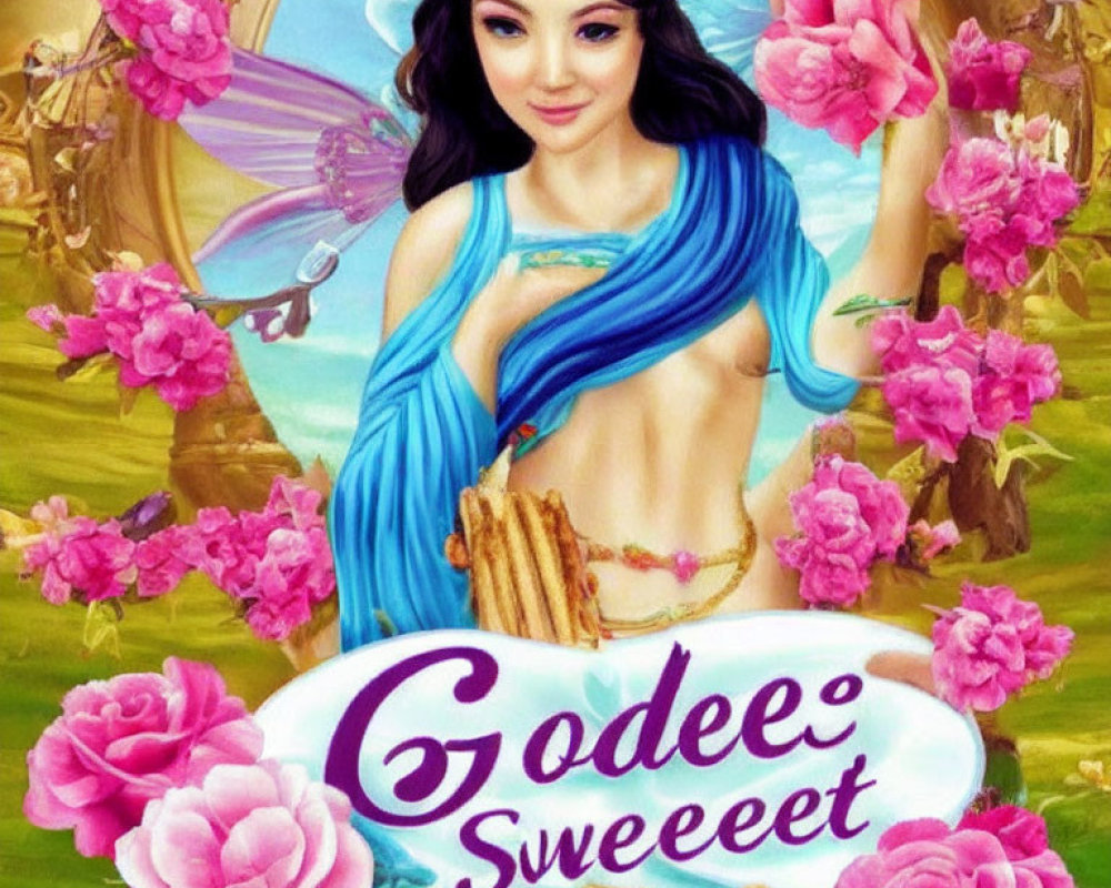 Smiling fairy in blue sari with pink floral background and text "Godeee Sweeeet