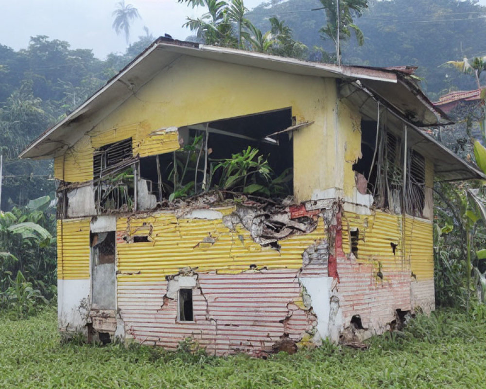 Abandoned yellow house with peeling paint in forest scene