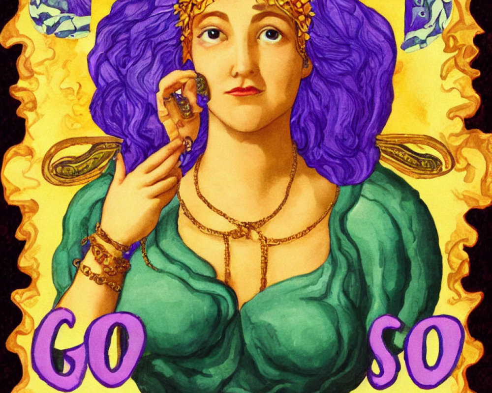 Woman with Purple Hair in Green Dress Holding Seashell and Golden Jewelry