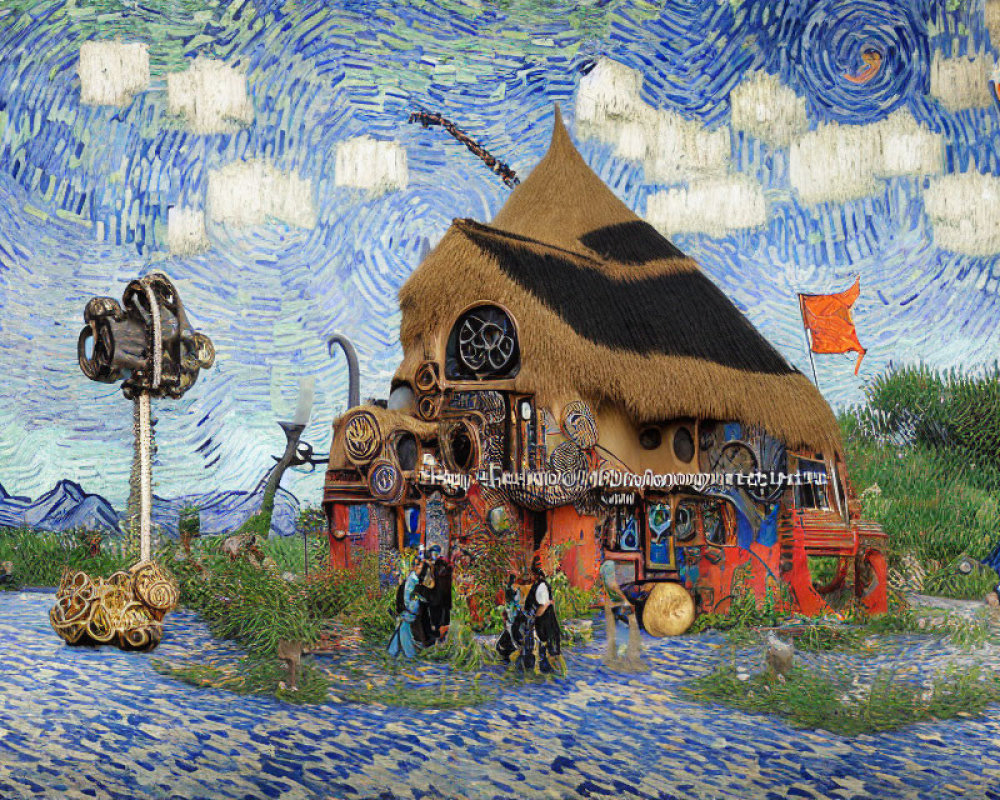 Whimsical digital artwork of a thatched cottage with steampunk elements