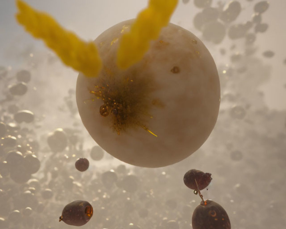 Golden-winged orb surrounded by dark orbs in hazy golden light