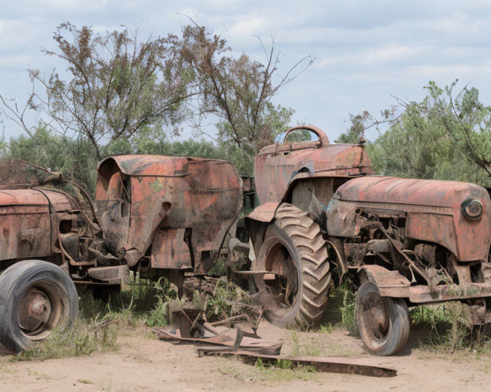 Abandoned rusty tractors in overgrown field under cloudy sky