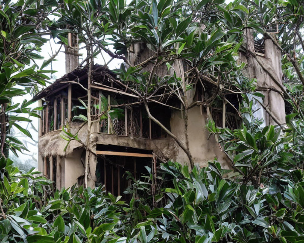 Overgrown two-story house in dense forest landscape