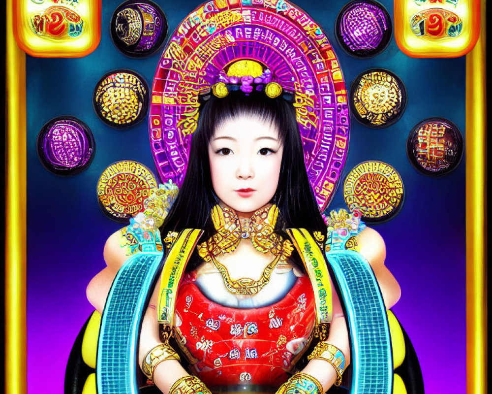 Vibrant East Asian-inspired female character in colorful setting