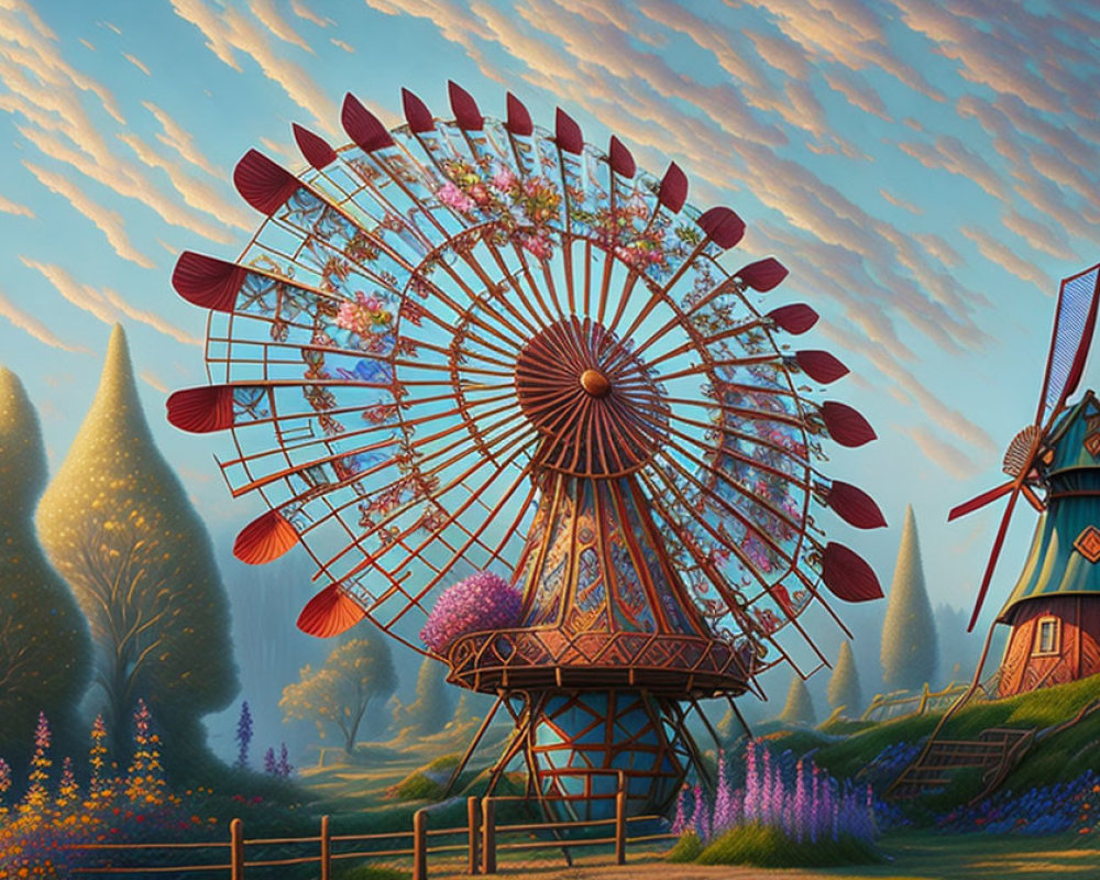 Illustration of Floral Ferris Wheel in Pastoral Landscape