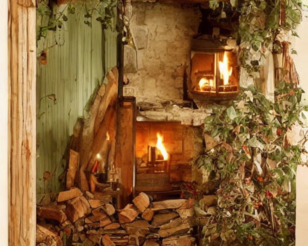 Cozy rustic fireplace with greenery, wood, lit fire, candles, and decor